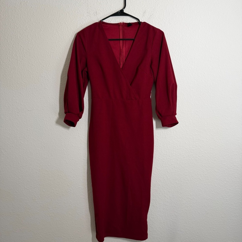Shein Midi Wrap Dress Women Small Deep Red Surplice‎ Neck Tie Waist Back Zipper